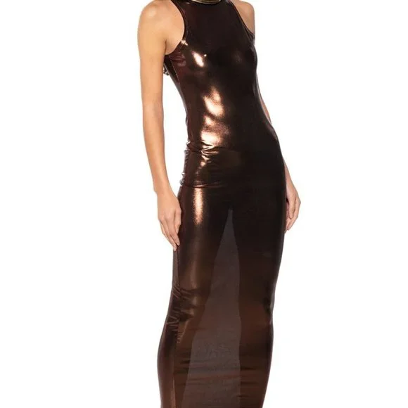 Xena Metallica: Brown Bronzer Stretch Mid Maxi Dress M - Picture 6 of 7